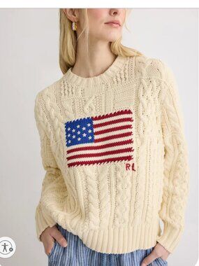 Polo Ralph Lauren Aran-Knit Flag Cotton Sweater- Cream Size Large